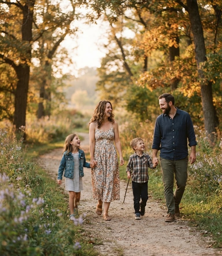 Warm editorial portrait of an active family walking through a sunlit Indiana park, soft golden-hour light, candid moment, 35mm photography style.