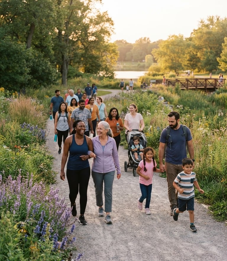 A warm, candid photograph of an outdoor community walking group in an Indiana park, soft golden hour light, diverse active families, 35mm editorial style