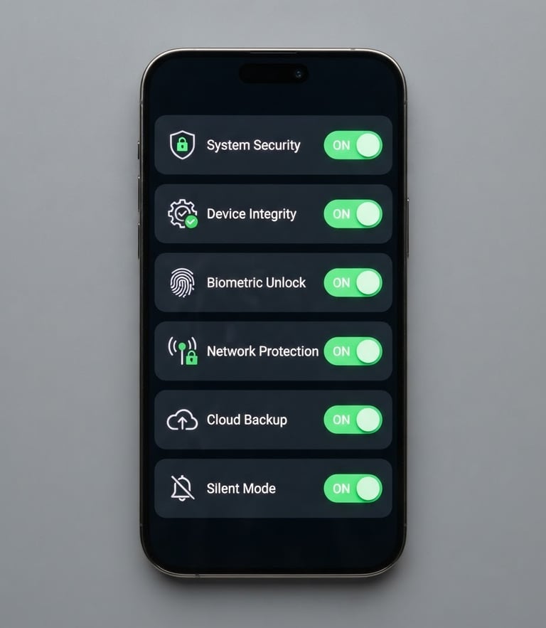 A top-down macro shot of a modern smartphone showing a security app interface with clear green toggle switches, bright even studio lighting, neutral gray background, 50mm