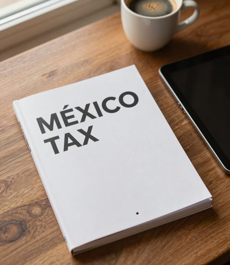 Overhead clean desk layout with a Mexican tax guide, a modern tablet, and a cup of coffee, warm morning light, rich cream tones, shallow depth of field