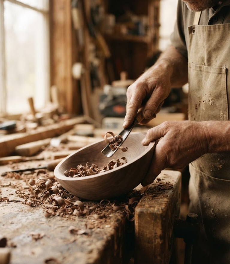 Warm editorial photography of a master woodworker's hands carving a bowl, soft side-light, wood shavings, rich earthy tones, 35mm