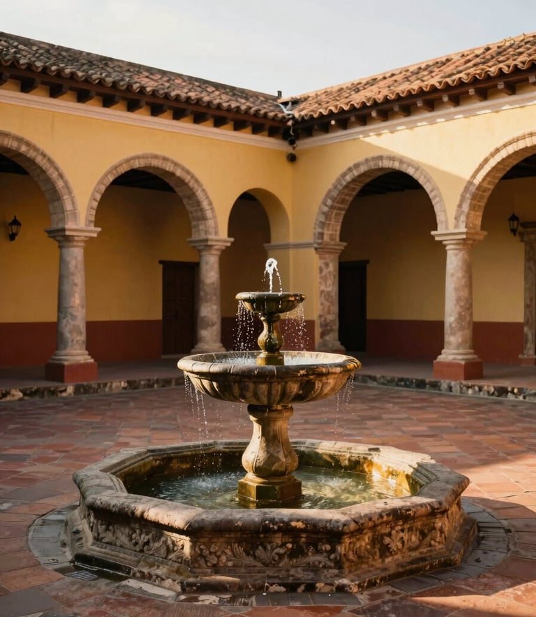 Warm editorial photography of a central colonial courtyard in Antigua Guatemala, a stone fountain trickling under golden-hour sunlight, terracotta tiles, rich shadows, medium format film.