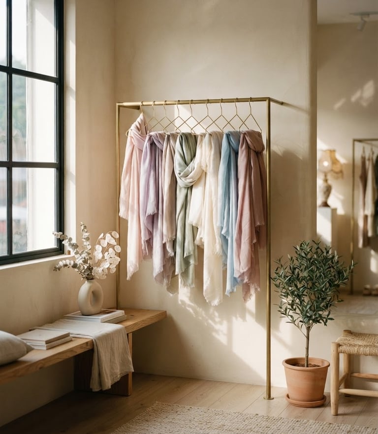 A serene, sun-drenched corner of a high-end fashion boutique in Ampang. Softly draped pastel scarves hang from minimalist brass racks, bathed in warm morning window light with gentle shadows on cream plaster walls.