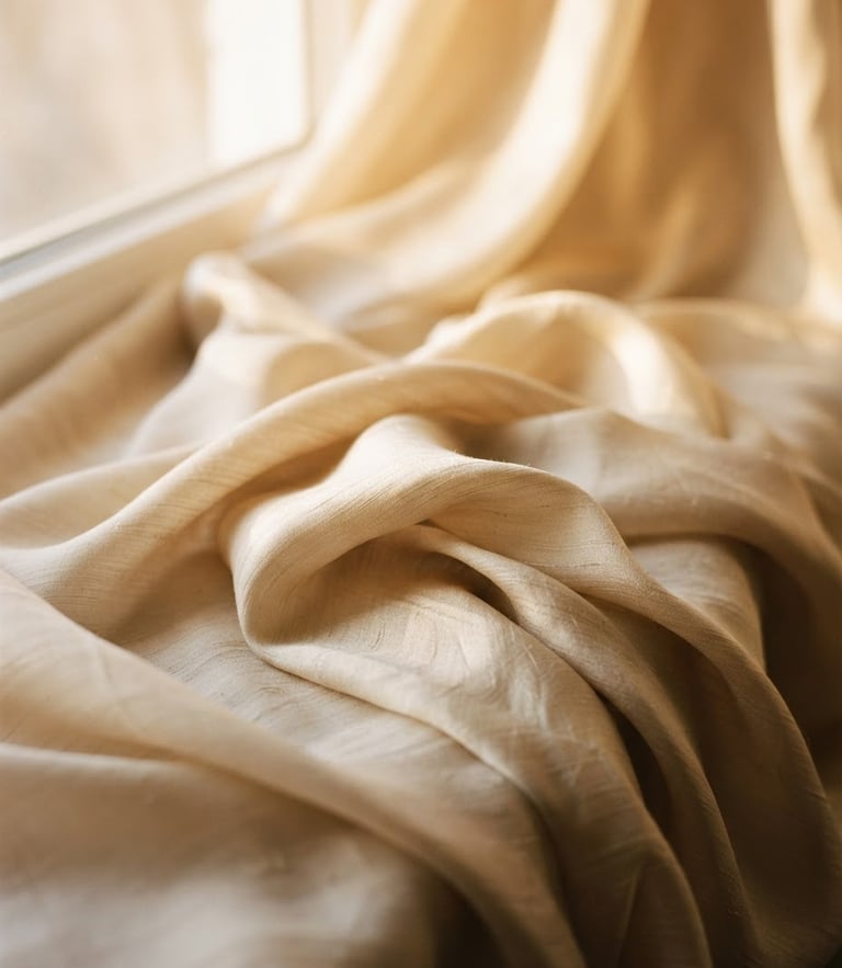 Softly draped beige silk fabric catching warm morning window light, premium editorial fashion photography, 35mm