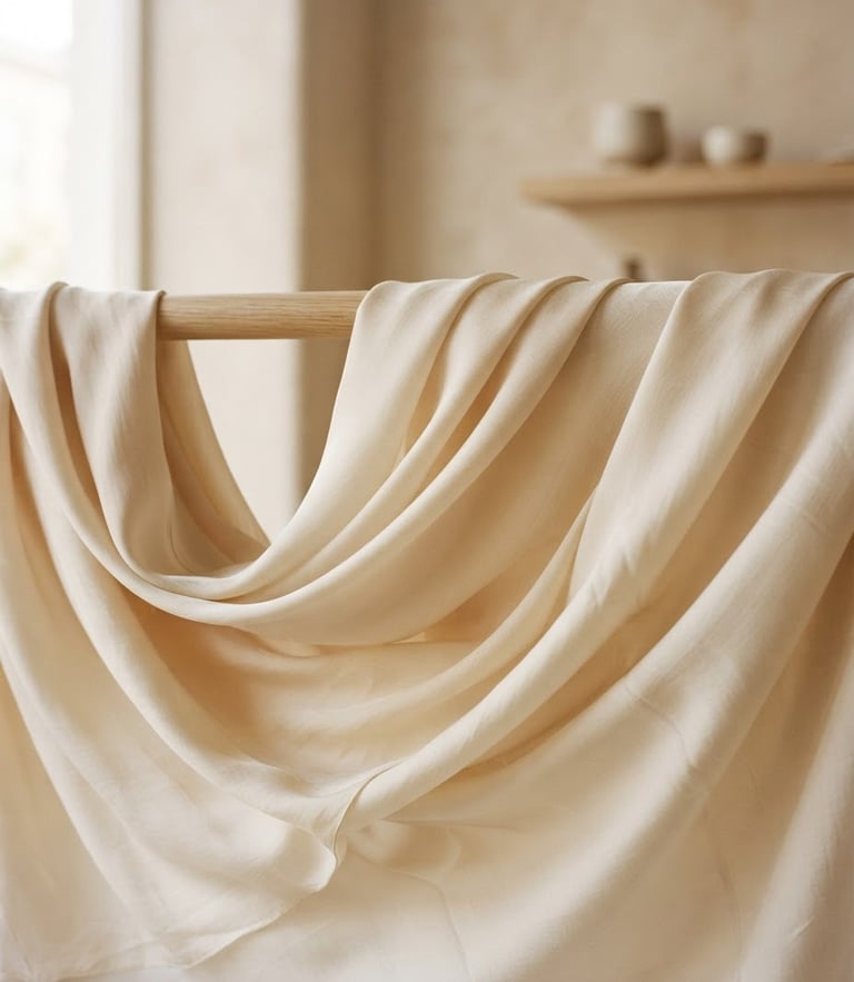 Softly draped beige silk fabric catching gentle morning window light in a minimal boutique setting, editorial 35mm photography