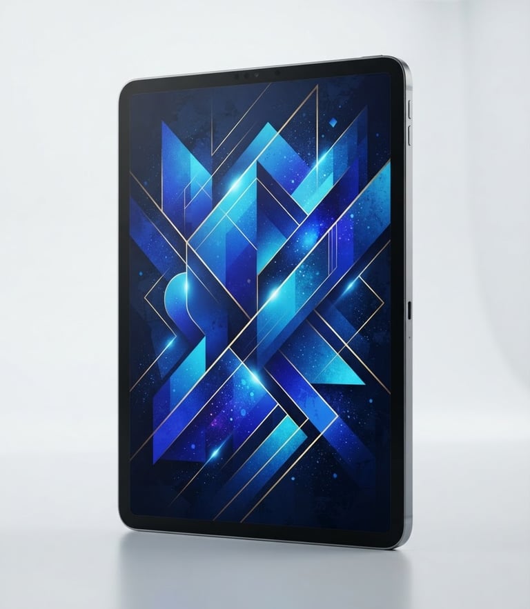 Clean 3D product render of a tablet displaying a modern ebook cover, bright studio lighting, vibrant blue screen accent, sharp focus