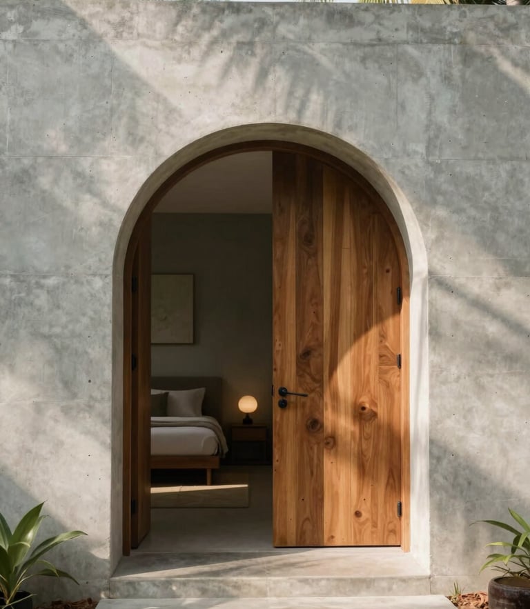 Soft tropical daylight illuminating a minimalist concrete and teakwood villa entrance in Kerala, arching shadows, 35mm architectural photography