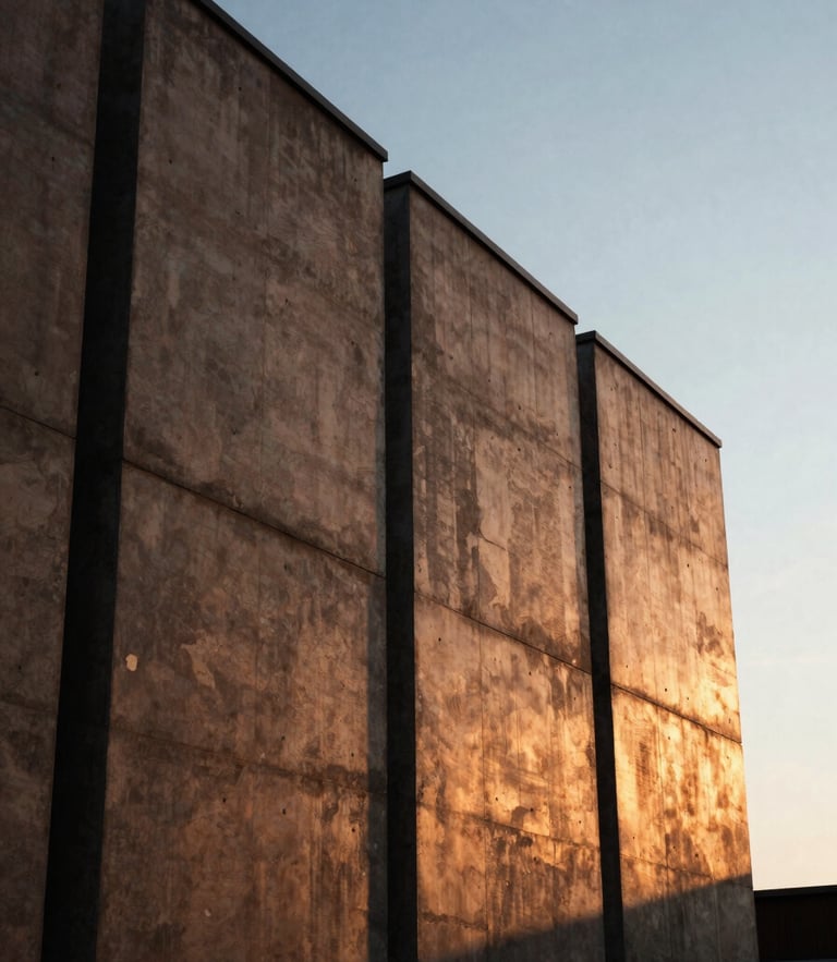 Low-angle architectural photograph of a modern concrete facade against a golden hour sky, sharp shadows, bronze tones, 35mm