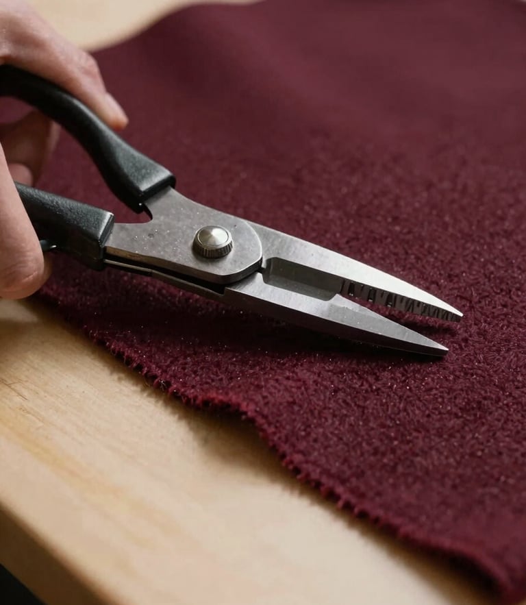 Extreme close-up of heavy steel shears cutting through structured deep burgundy wool fabric on a warm cream cutting table, dramatic side lighting