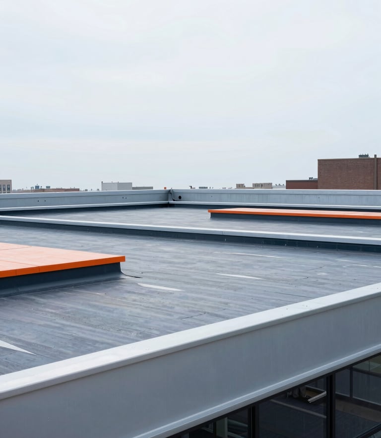 Wide-angle architectural view of a commercial flat roof replacement in Manhattan, clean industrial lines, steel blue tones, bright overcast light