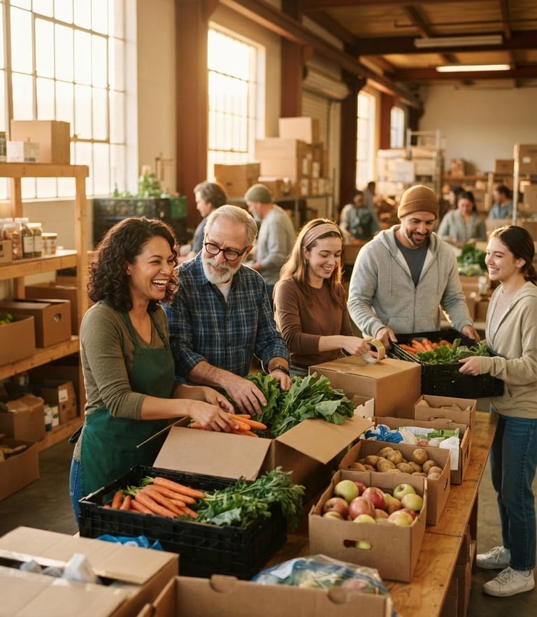 Candid medium shot of community members packing fresh produce boxes together in a sunlit warehouse, warm golden-hour light, rich earthy tones, authentic human connection