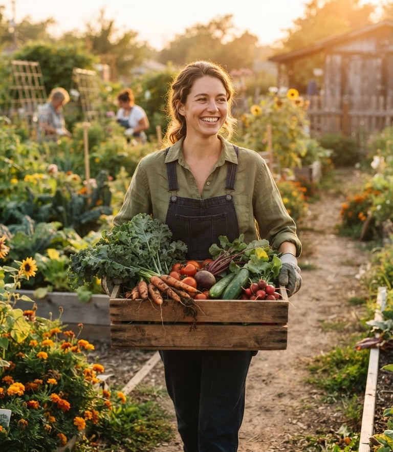 Candid medium shot of a volunteer smiling warmly while carrying a fresh wooden crate of organic vegetables in a sunlit community garden, golden hour light, warm earthy tones, 35mm.