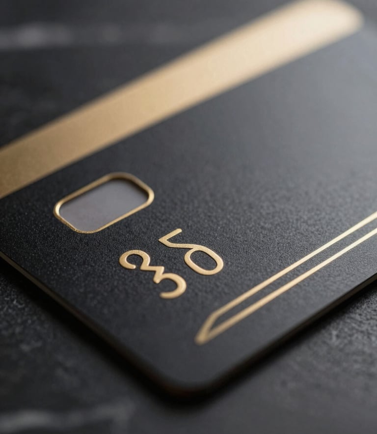 Macro close-up of a premium matte black metal card with gold engraved lines, resting on a dark marble surface, soft golden studio lighting, 35mm