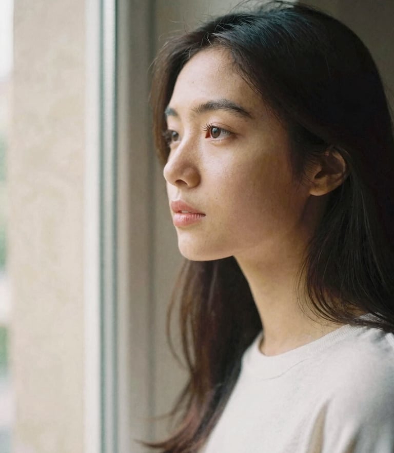 Unposed portrait of Someena looking thoughtfully out of a window, soft natural daylight, warm stone background, shallow depth of field, 35mm film look.