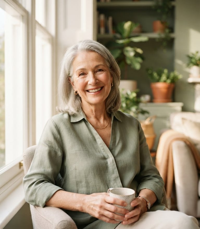 Elegant portrait of an active senior woman smiling, warm morning light streaming through a large window, sage green accents in the background, soft editorial photography style.