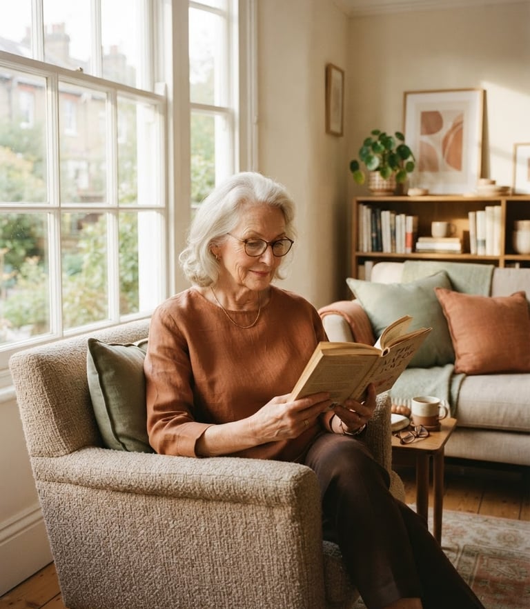 An elegant senior woman reading a book in a sunlit, warm ivory apartment, soft morning light streaming through a large window, sage green cushions in the background, warm editorial style
