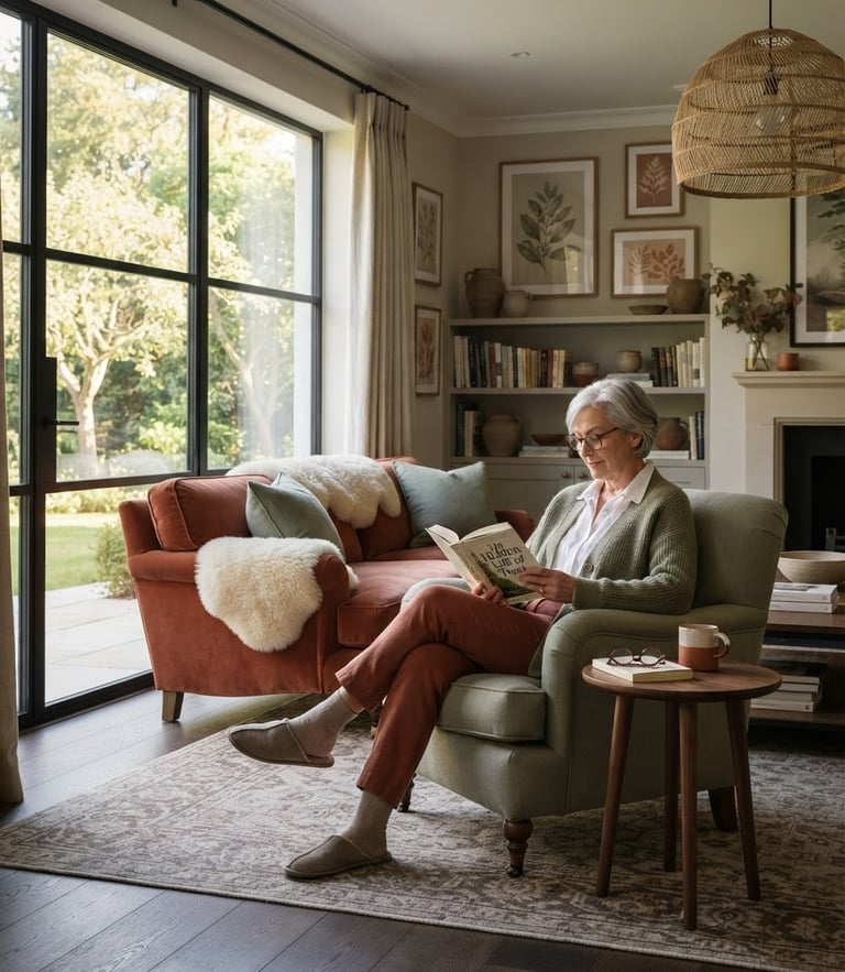Medium wide shot of a bright, elegant residential lounge with soft morning light, a senior woman reading comfortably by a large window, warm sage and terracotta accents, high-end interior design.
