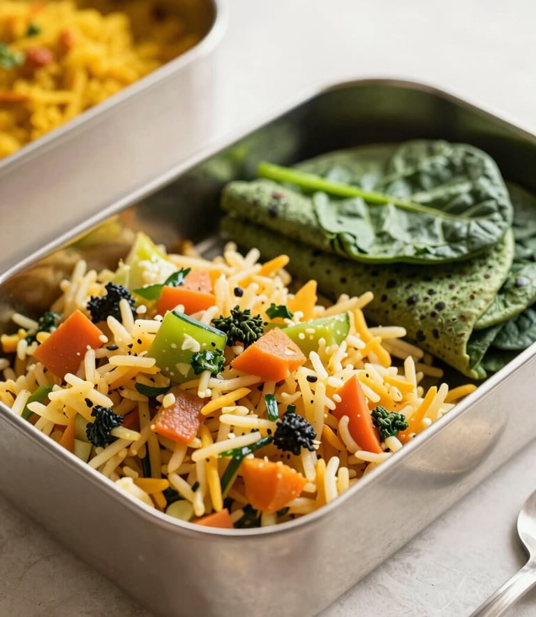 Warm morning sunlight illuminating a stainless steel eco-friendly tiffin box filled with colorful vegetable pulao, fresh spinach roti, and a side of yellow dal, shallow depth of field, 50mm lens