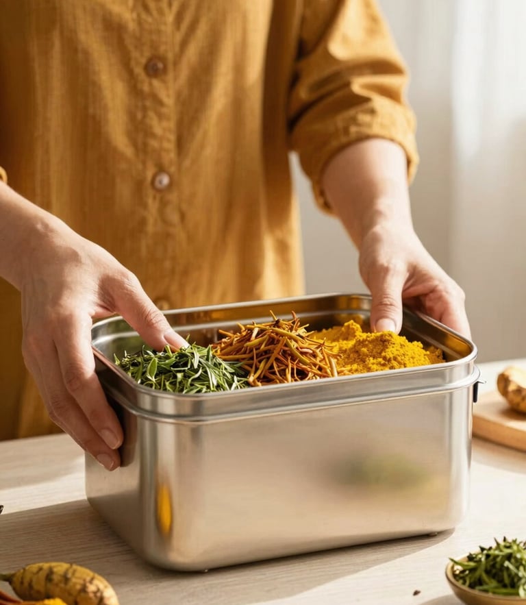 Warm editorial portrait of a mother packing a beautiful, fresh stainless steel tiffin box, soft morning sunlight, turmeric tones