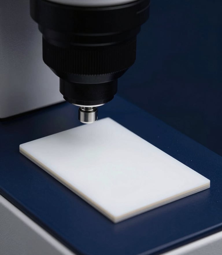 Close-up of a high-precision white calibration tile being placed into a spectrophotometer under crisp laboratory lighting, deep navy background, technical precision