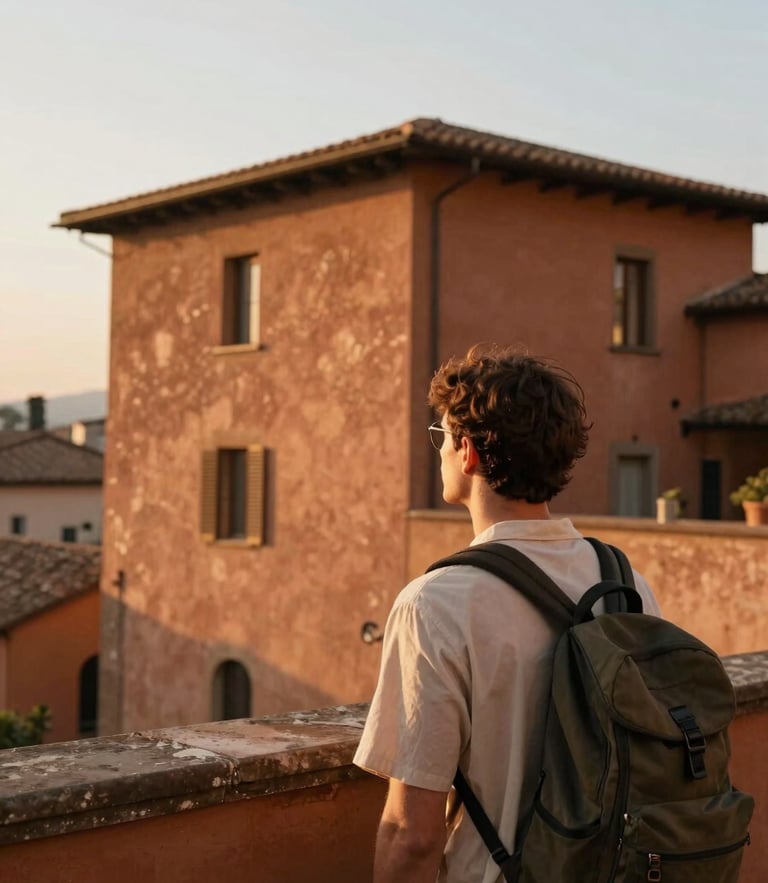 Cinematic portrait of a traveler looking at a historic terracotta-colored building in Italy, soft golden hour sunlight, warm earth tones, editorial style