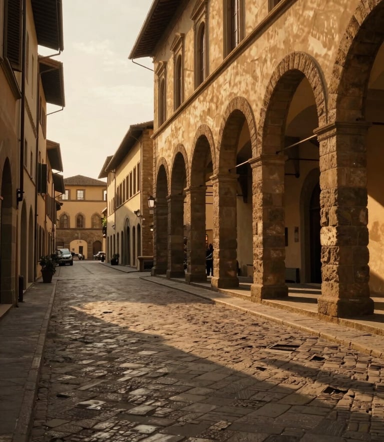 Warm editorial travel photography of a quiet cobblestone street in Florence during golden hour, elegant stone arches, soft natural light, cinematic perspective
