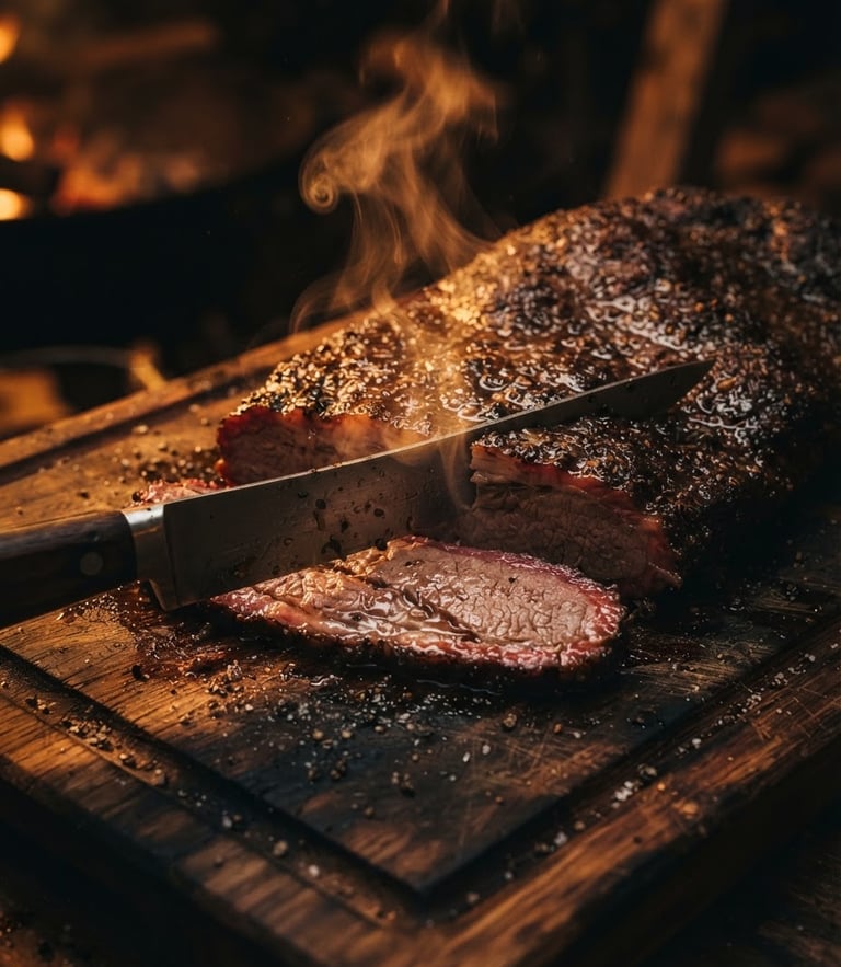Dramatic close-up of a seasoned brisket being sliced on a dark oak board, glistening bark, smoke rising softly from the warm meat, low-key lighting with deep shadows and golden-amber highlights