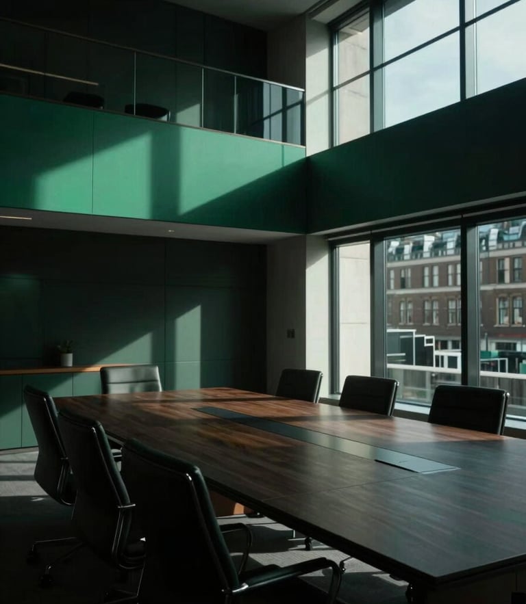 Cinematic dark-mode shot of a modern architectural boardroom in London, sharp directional light, deep shadows, emerald accents, 35mm