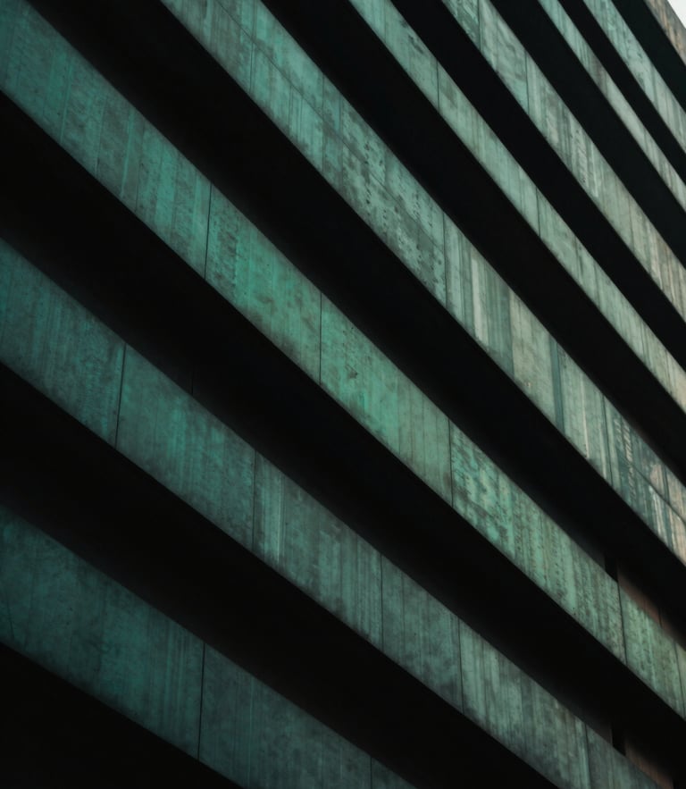 Abstract architectural lines forming a sharp upward angle, moody low-key lighting, deep shadows with emerald highlights, 35mm