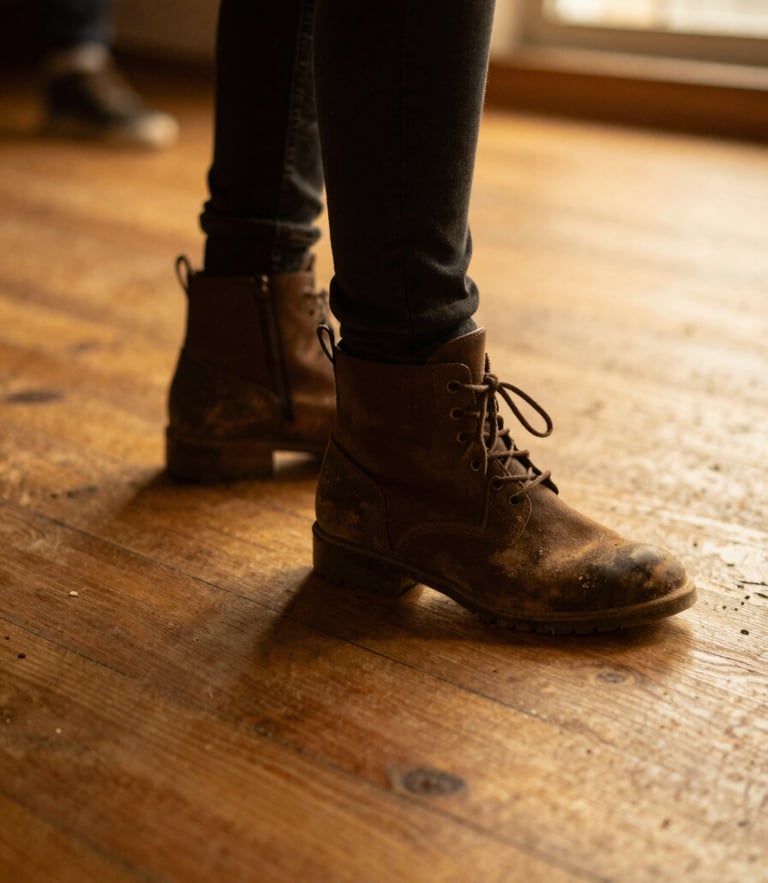 Candid close-up of dusty boots in motion on a warm timber dance floor, slight motion blur, golden-hour window light