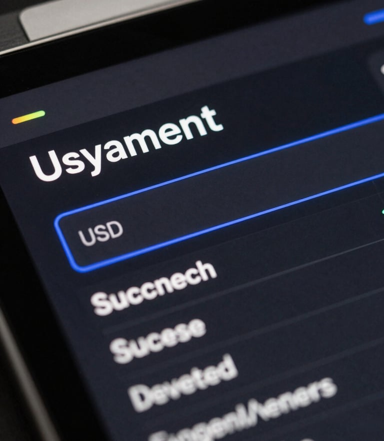 Macro view of a modern dark mode payment dashboard interface displaying successful USD transactions, clean typography, and electric indigo accent lines, studio lighting.