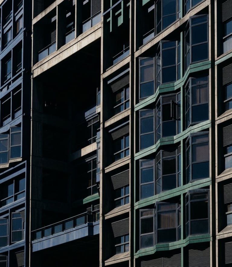 Architectural detail of the Colombian Supreme Court building in Bogotá, sharp high-contrast morning light, deep shadows, 35mm lens
