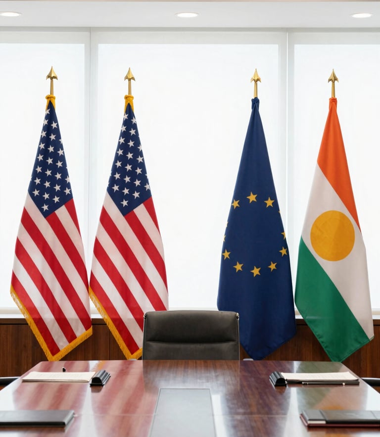 A formal bilateral summit room with US and Ivorian flags, polished mahogany table, bright daylight, editorial corporate photography