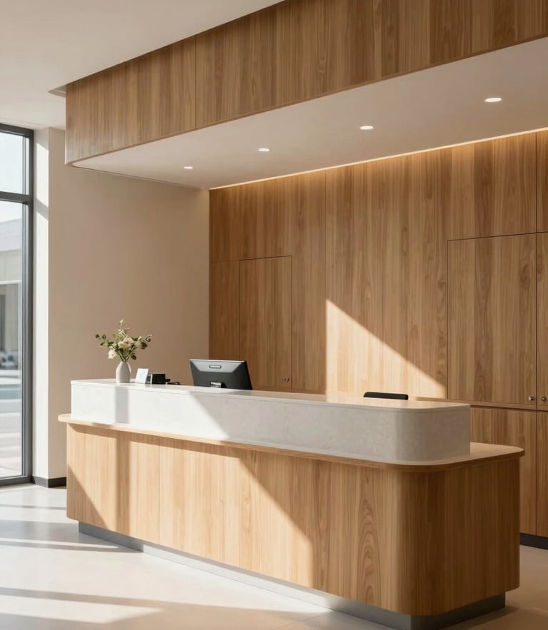 Bright, natural daylight illuminating a modern, minimalist clinic reception with warm wood paneling and clean architectural lines, editorial style.
