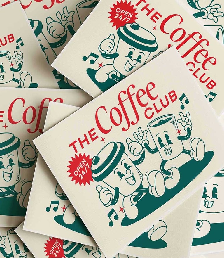 The Coffee Club retro kitchen wall art with vintage coffee cup character illustration