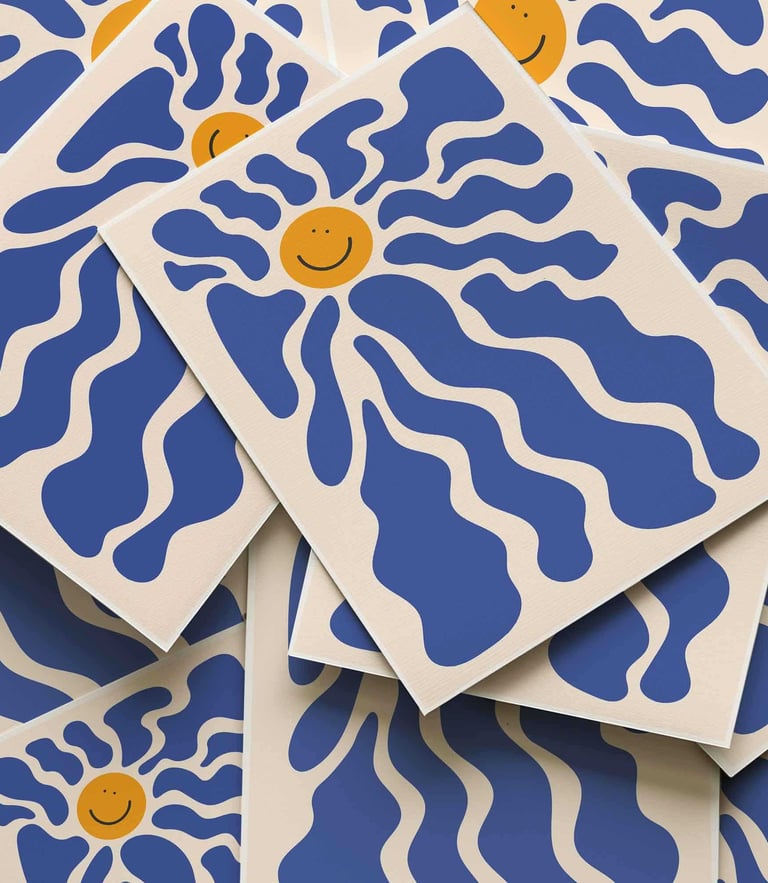 Retro smiling sun abstract wall art with bold blue rays and playful design
