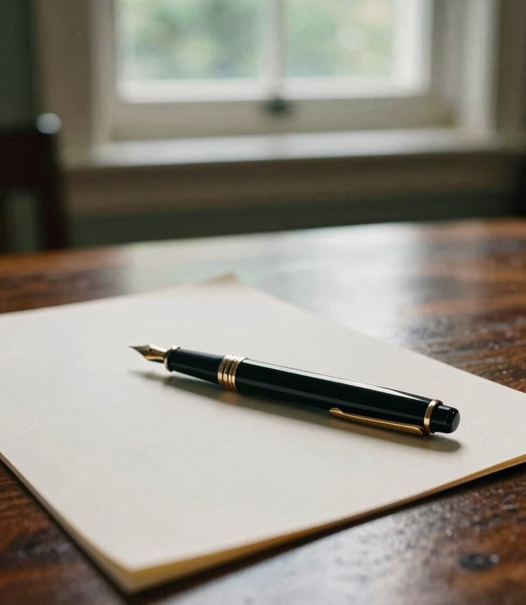 Soft natural window light illuminating a classic mahogany library table, a fountain pen resting on heavy cream paper, shallow depth of field, 35mm film feel.