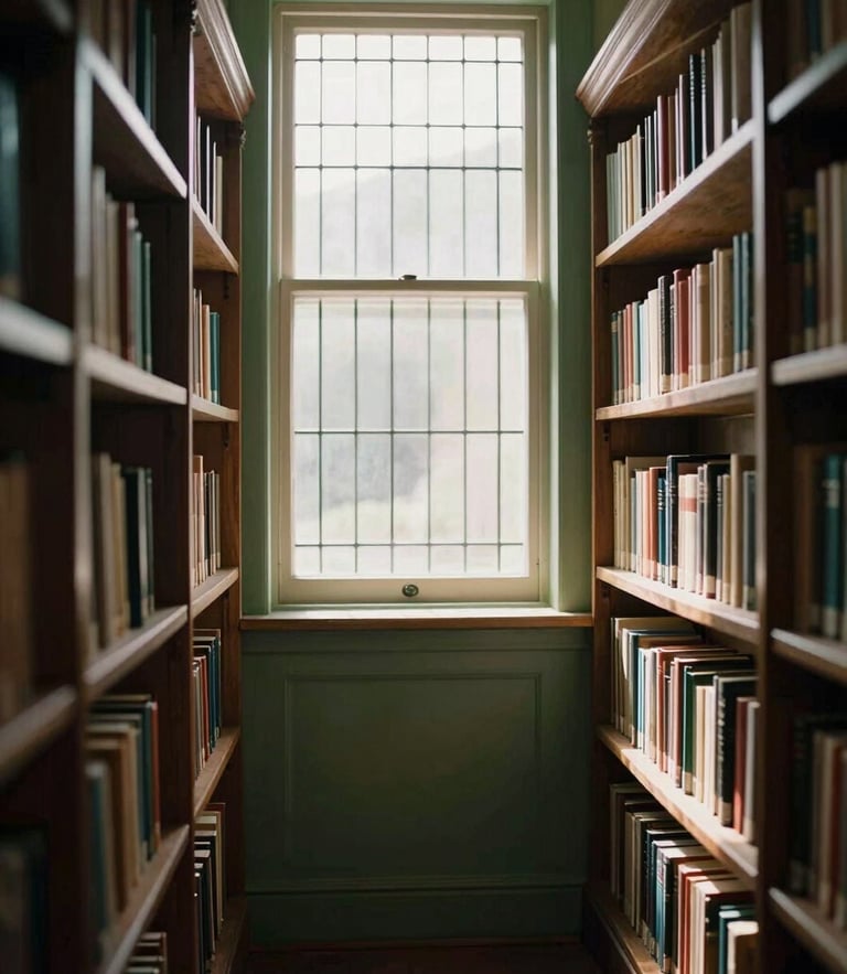 A quiet library interior with mature oak bookshelves, soft warm sunlight filtering through a leaded glass window, shallow depth of field, 35mm film feel.