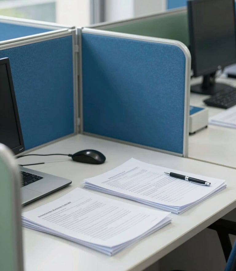 Bright editorial photography of a modern Indian workspace, neat desk with documents, natural daylight, professional tone, 35mm