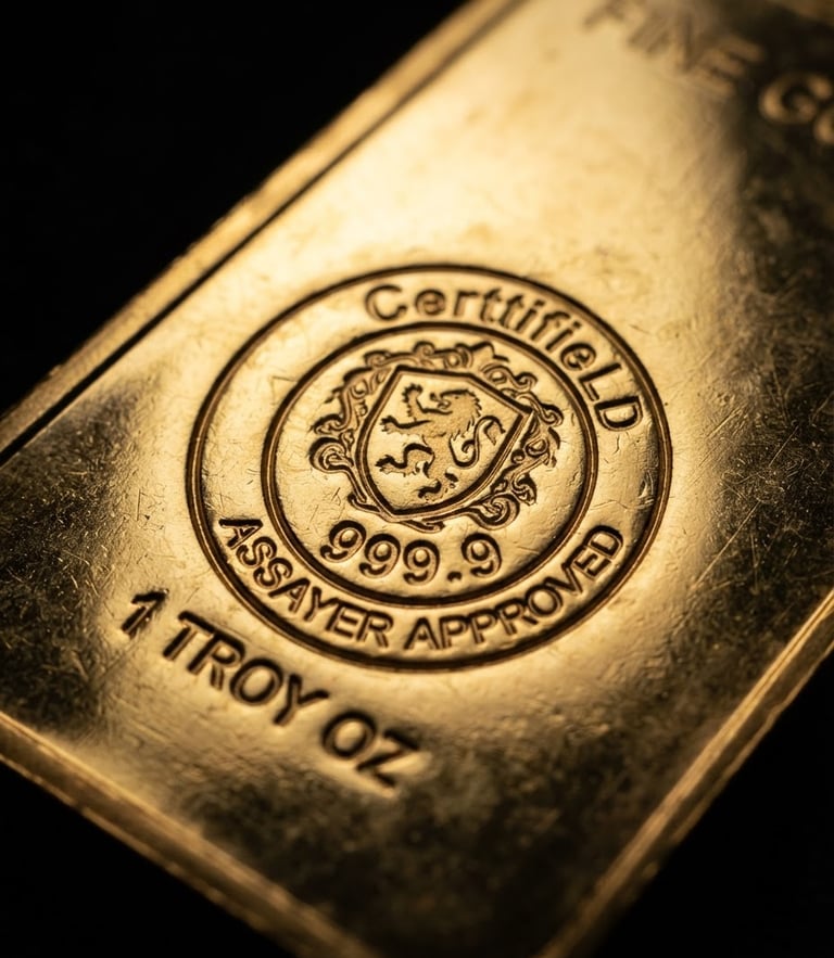Macro close-up of a pure gold bullion bar showing certified stamp, dramatic low-key lighting, deep black background, sharp gold reflections, high contrast, 85mm lens