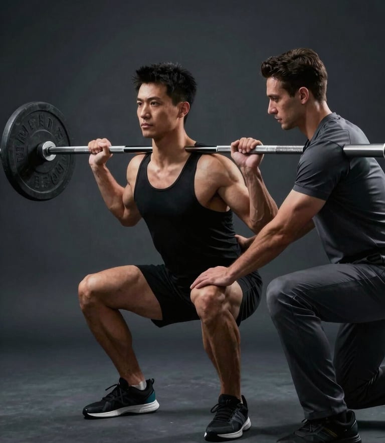 Low-key dramatic lighting on a client performing a controlled barbell squat, a physiotherapist in charcoal uniform guiding knee alignment, dark slate background.