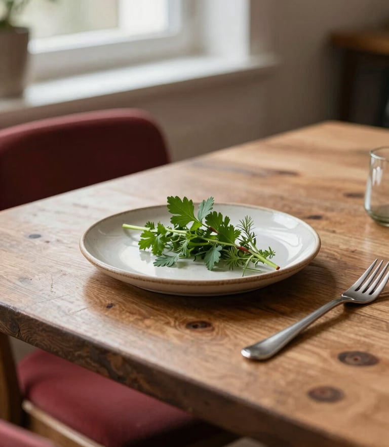 Warm editorial photograph of a rustic wooden dining table in a soft-lit Scandinavian restaurant, a single ceramic plate with fresh herbs, soft window light, 35mm