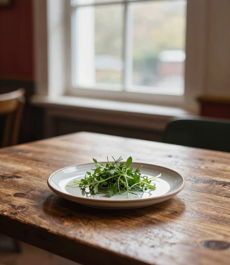 Soft window light illuminating a rustic dining table in a Scandinavian-style restaurant, a single ceramic plate with fresh herbs, elegant and warm atmosphere, 35mm photography