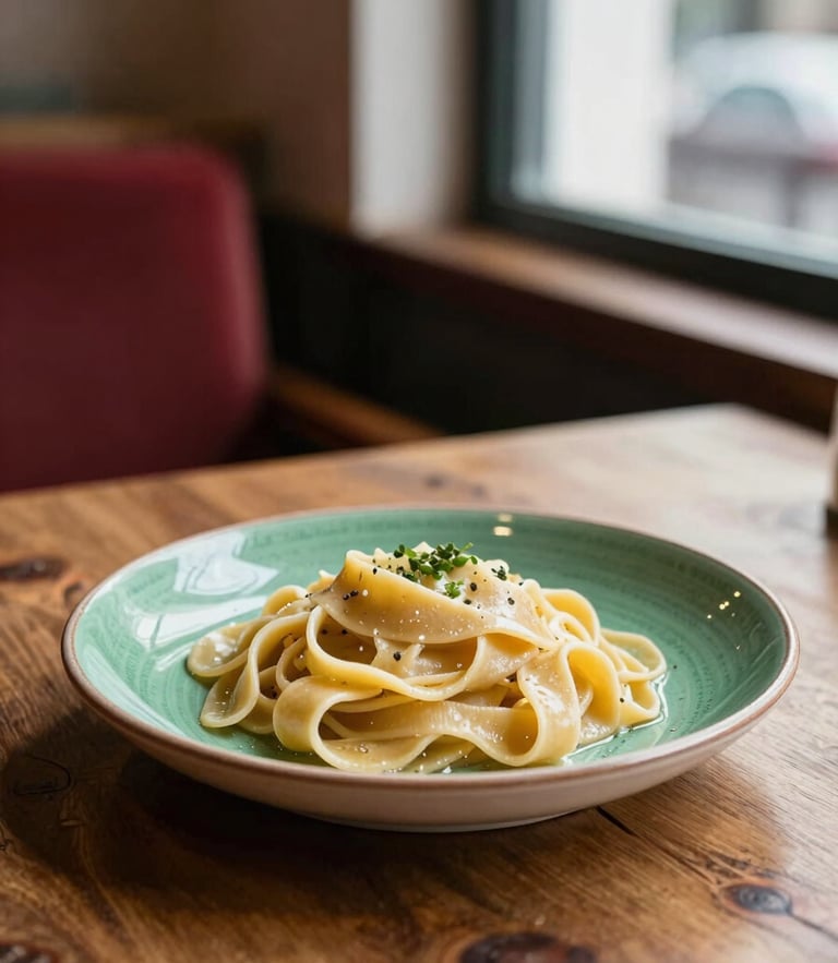 A close-up of a rustic wooden restaurant table with a ceramic plate of handmade pasta, soft natural side light from a window, warm editorial photography, 35mm