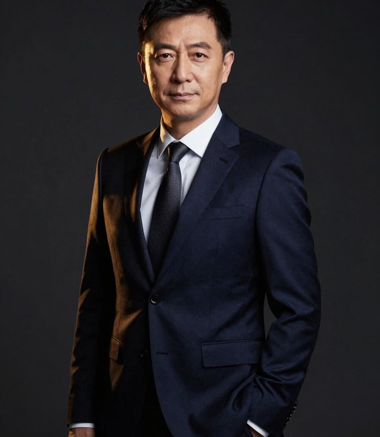 Professional executive portrait of Ren Zeping in a dark navy tailored suit, confident posture, dramatic studio lighting, rich gold highlights, minimalist dark background, high-contrast, 85mm lens