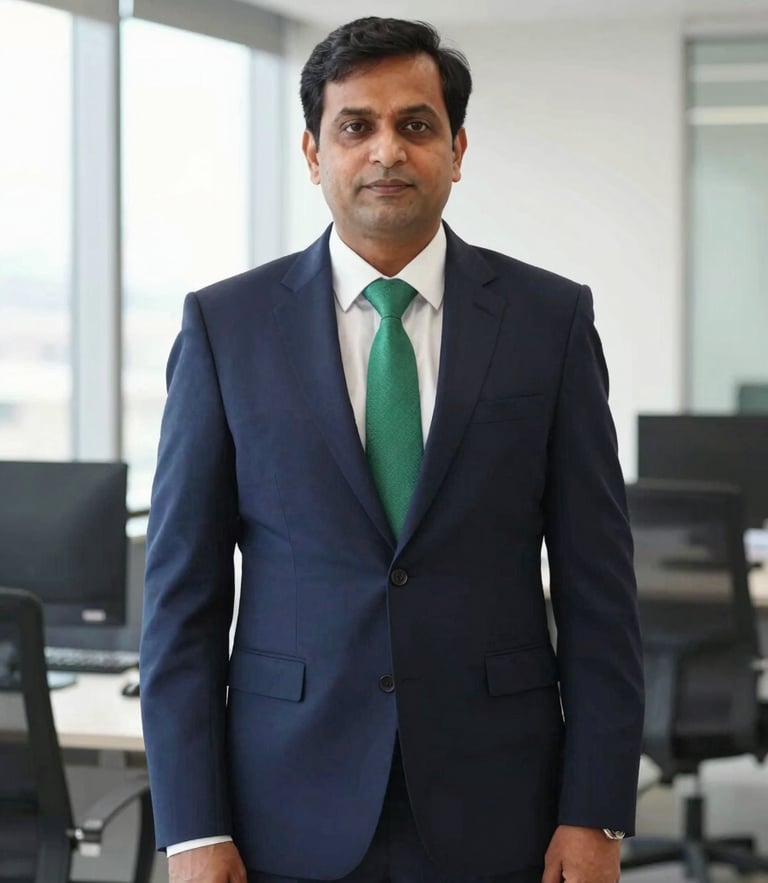 A professional corporate portrait of a senior Chartered Accountant in a bright, clean Gurugram office, neutral daylight, navy suit, sharp focus