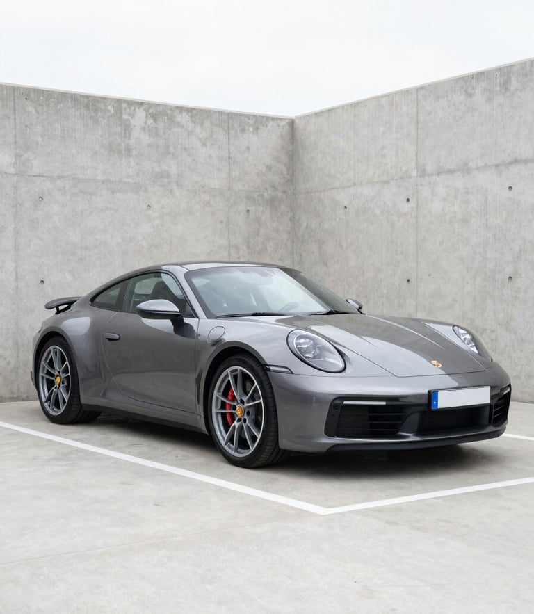 A clean three-quarter shot of a modern dark metallic Porsche 911 parked inside a pristine concrete dealership bay under bright daylight.