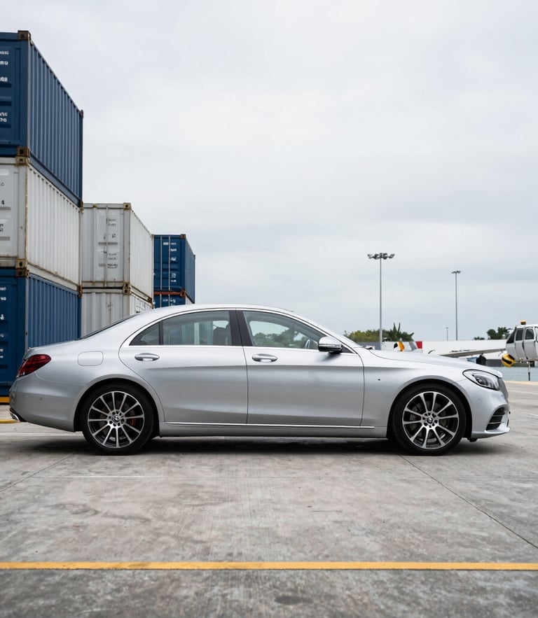 A sharp side-profile shot of a clean Mercedes-Benz S-Class staged on a modern shipping dock at the Miami port, bright overcast daylight.