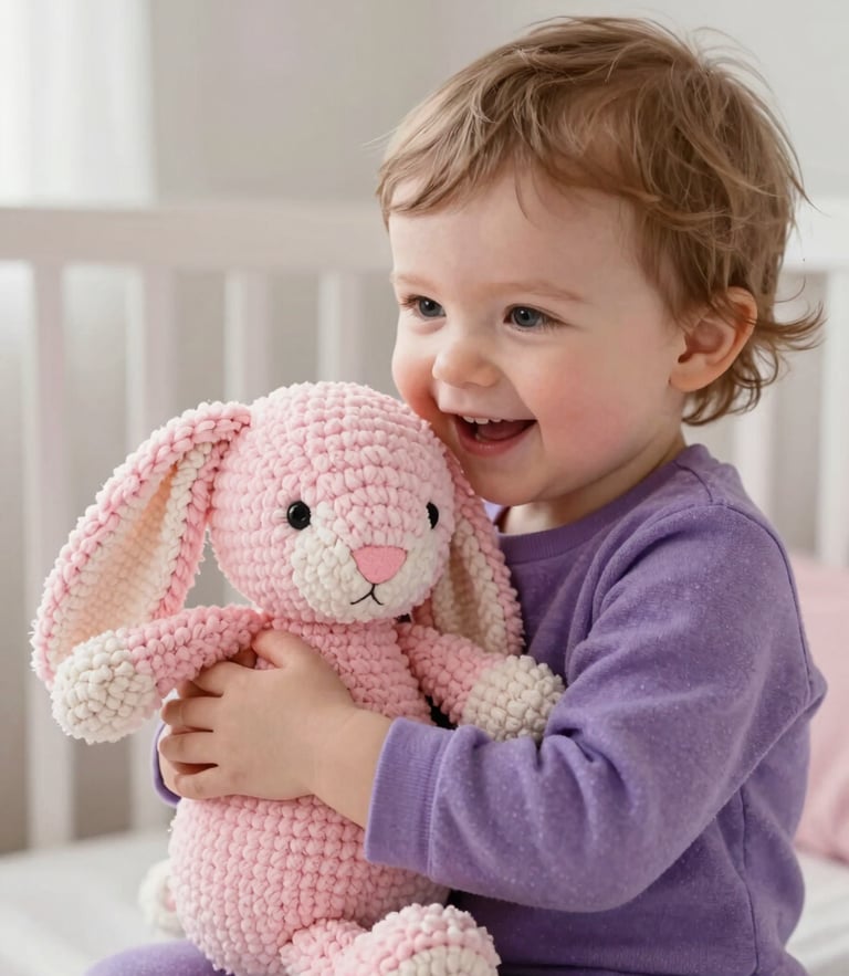 A cozy close-up of a happy toddler hugging a custom handmade pastel pink amigurumi bunny in a sunlit nursery, soft natural daylight, warm editorial photography