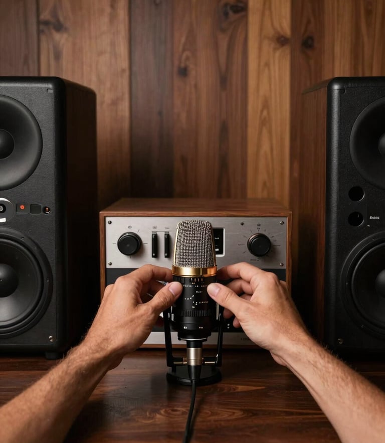 Symmetrical portrait shot of an acoustic engineer calibrating a home theater system, adjusting a microphone, warm low-key lighting, walnut panels in background